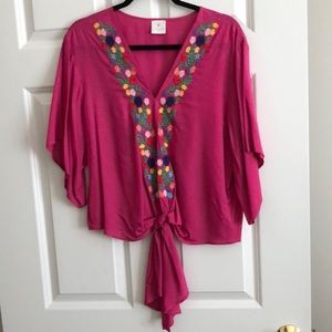 J Marie blouse pink, w/embroidered front w/tie